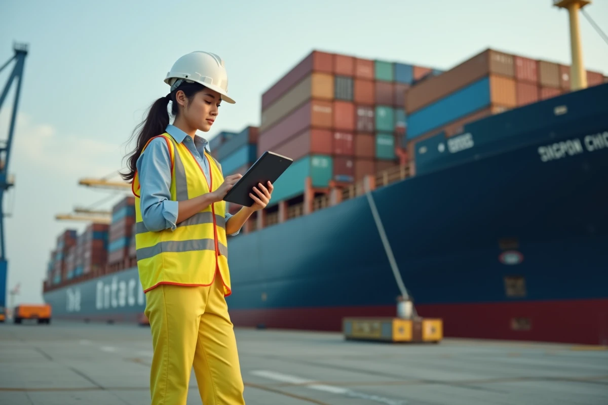 Jeune femme portuaire utilisant une tablette sur le quai