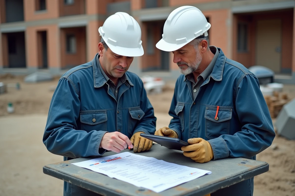 Deux ouvriers BTP consultant un tableau de bord de gestion de chantier pour estimer le coût horaire de leurs travaux