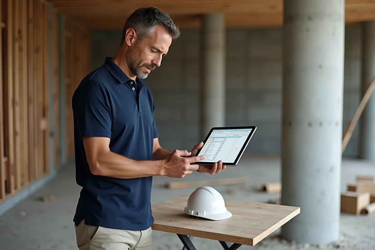 Patron de TPE du bâtiment consultant un logiciel de gestion de chantier BTP sur tablette numérique en plein chantier de construction