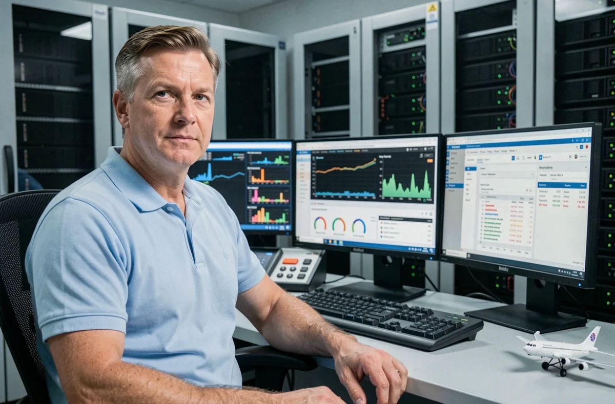Spécialiste informatique de Pilote Info supervisant des tableaux de bord SEO et serveur dans une salle technique