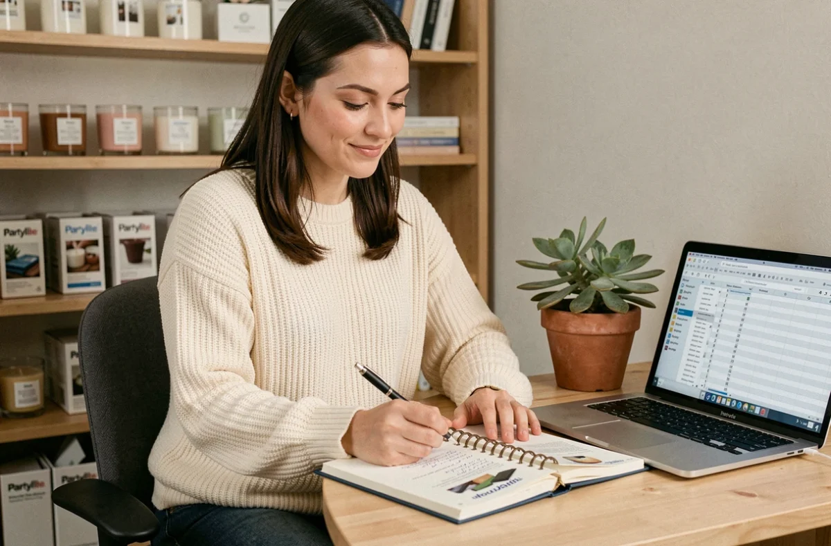 Femme entrepreneure planifiant son activité Partylite avec un catalogue et un agenda sur son bureau à domicile