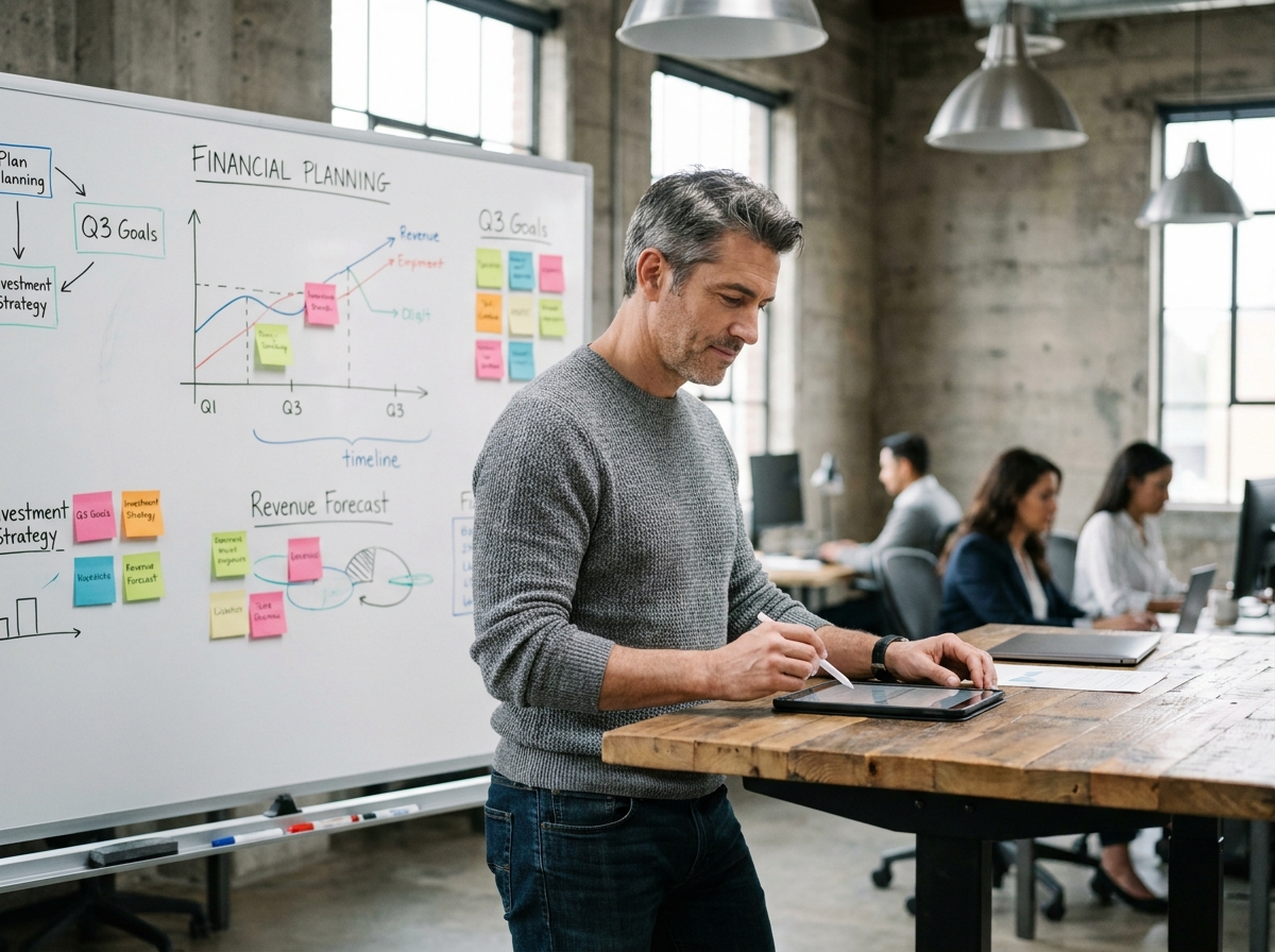 Consultant indépendant planifiant sa sécurité financière sur tableau blanc dans un espace de coworking à Lyon