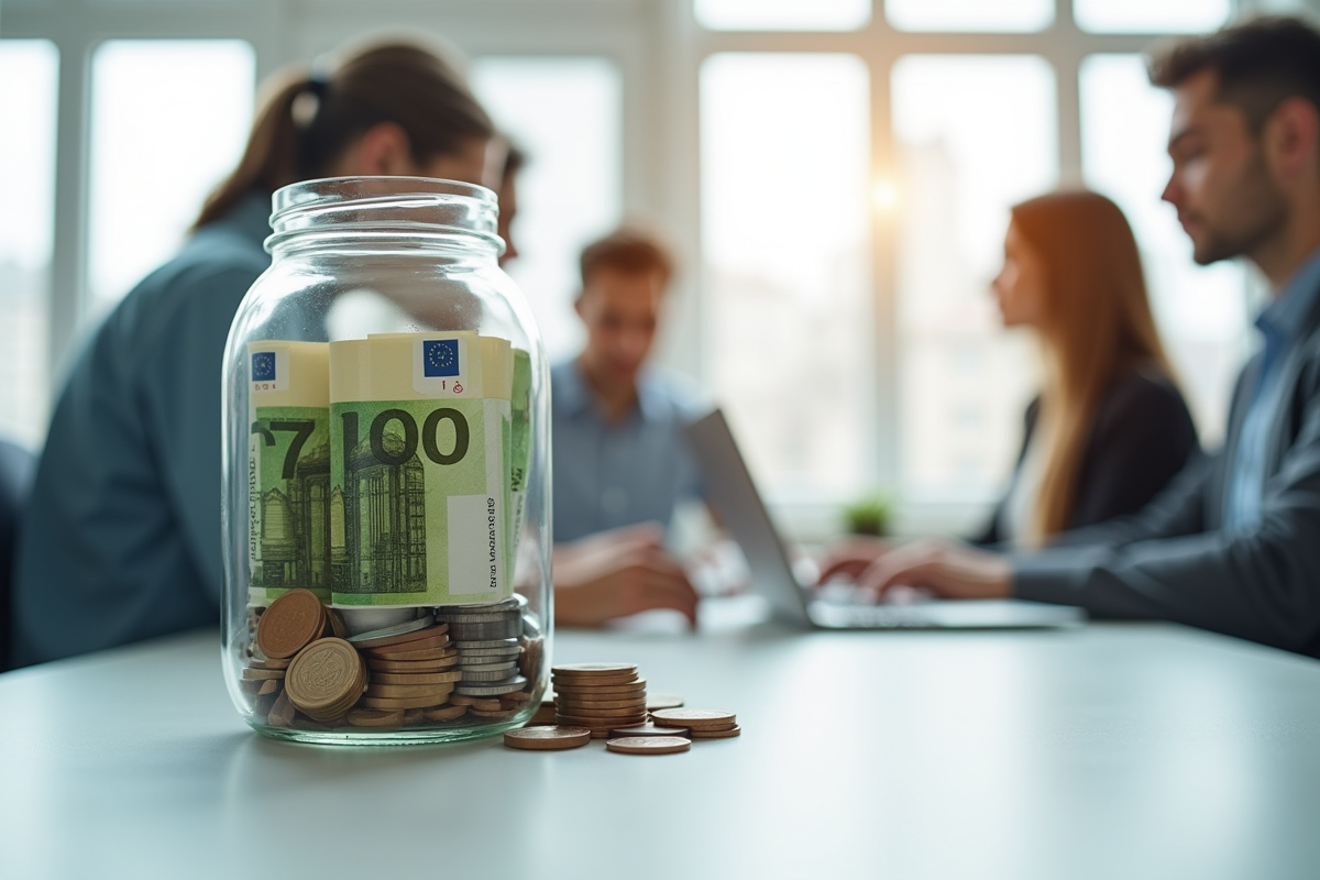 Porte-monnaie rempli de billets et pièces d euro sur un bureau lumineux