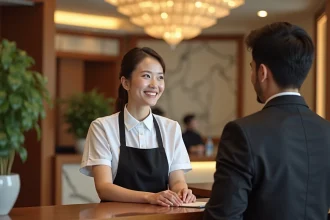 Jeune femme en uniforme à la réception d'un hôtel, souriant à un client lors de son premier emploi en hôtellerie