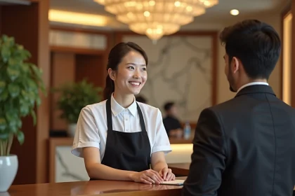 Jeune femme en uniforme à la réception d'un hôtel, souriant à un client lors de son premier emploi en hôtellerie