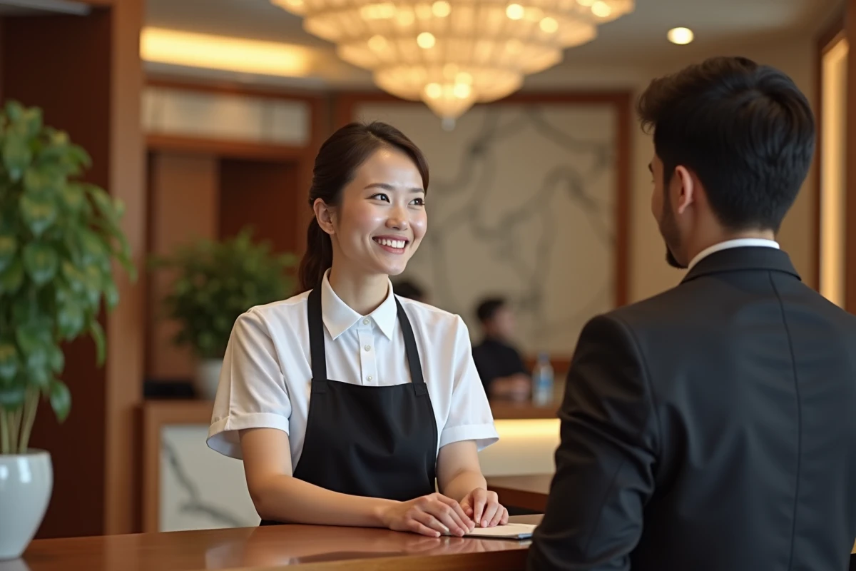 Jeune femme en uniforme à la réception d'un hôtel, souriant à un client lors de son premier emploi en hôtellerie