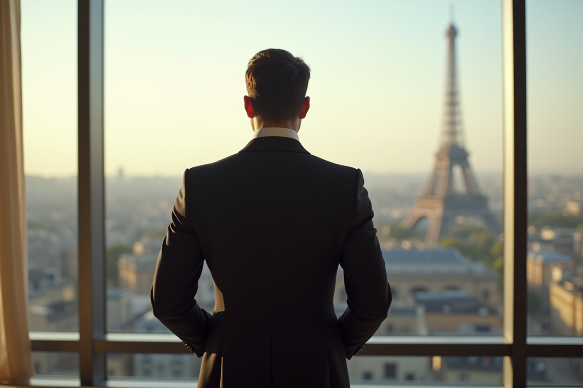 Présentateur TV confiant avec vue panoramique sur Paris le matin