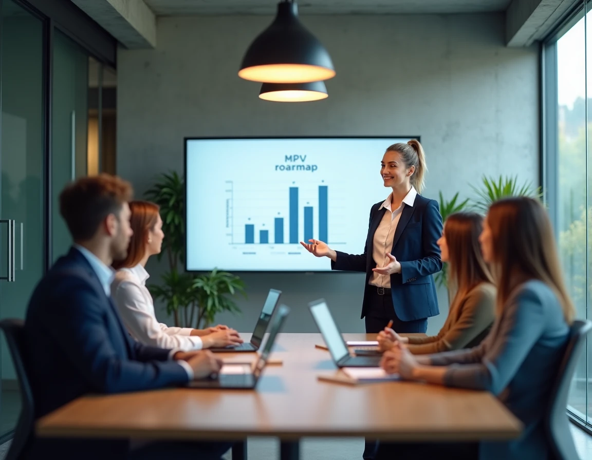 Cheffe de projet présentant une roadmap MVP devant son équipe dans une salle de réunion moderne