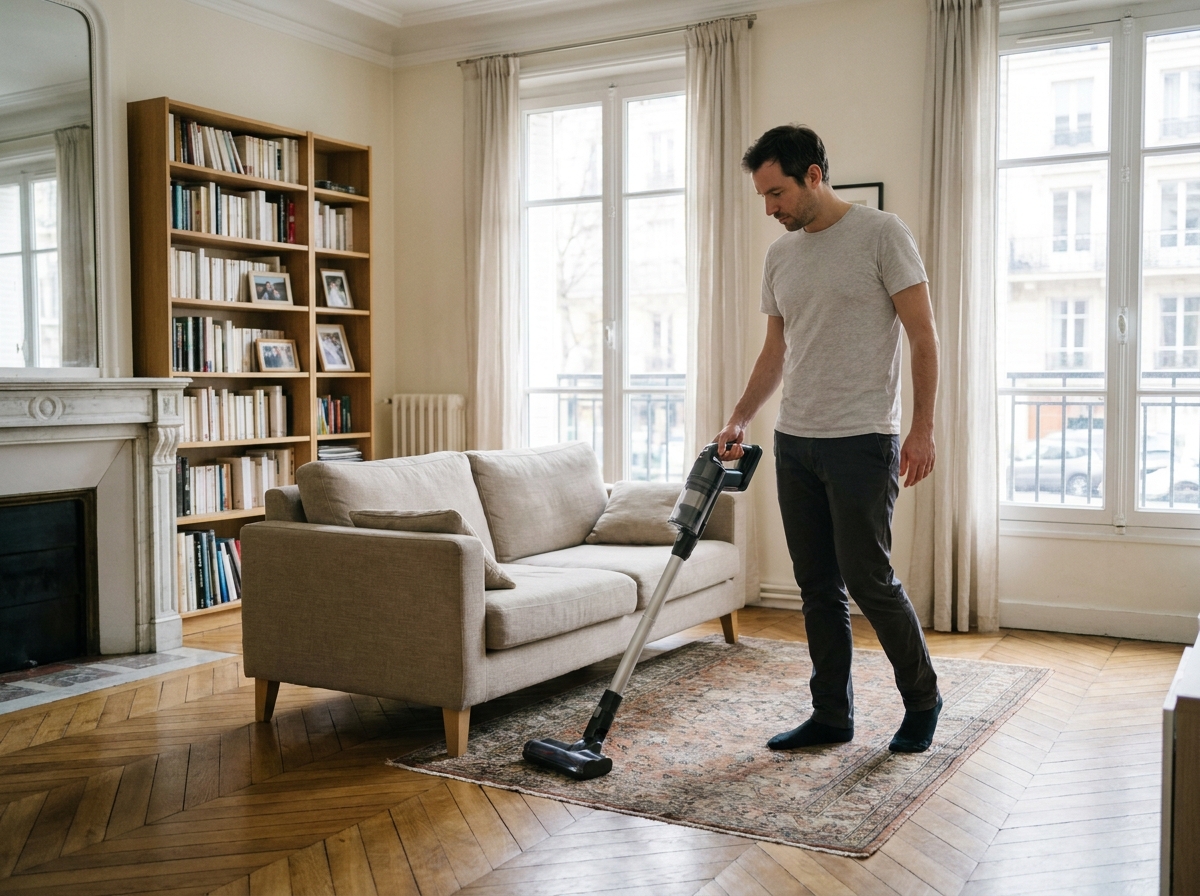 Prestataire de ménage à domicile passant l'aspirateur dans un salon à Lons-le-Saunier