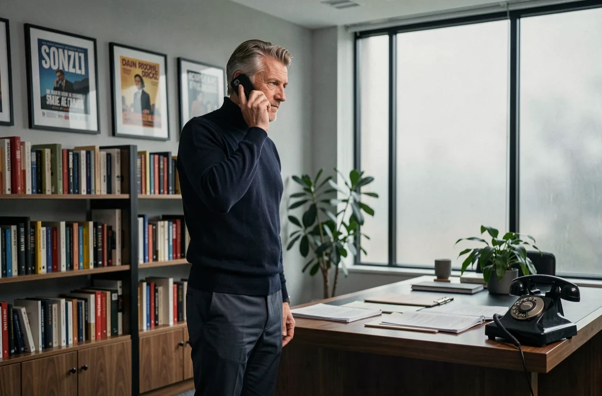 Producteur de cinéma en conversation téléphonique dans un bureau de production parisien, atmosphère professionnelle et culturelle du monde du film français
