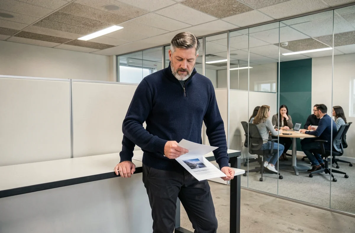 Professionnel masculin debout à un bureau ergonomique dans un espace de coworking contemporain au Havre