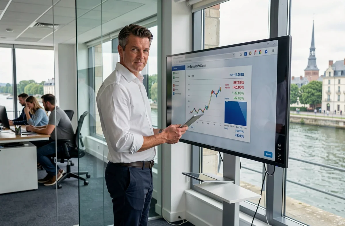 Professionnel en portage salarial expliquant les coûts et frais de gestion sur un écran à Nantes