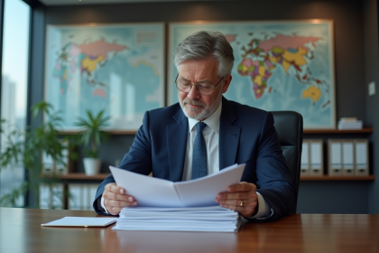 Homme d affaires en costume bleu examine des documents de normes internationales