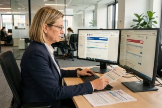 Professionnelle en train de consulter le portail douanier sur un ordinateur dans un bureau administratif moderne