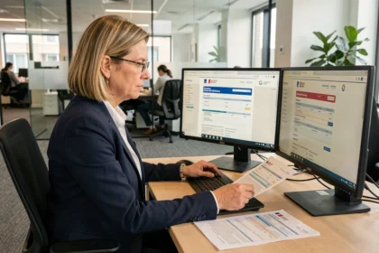 Professionnelle en train de consulter le portail douanier sur un ordinateur dans un bureau administratif moderne