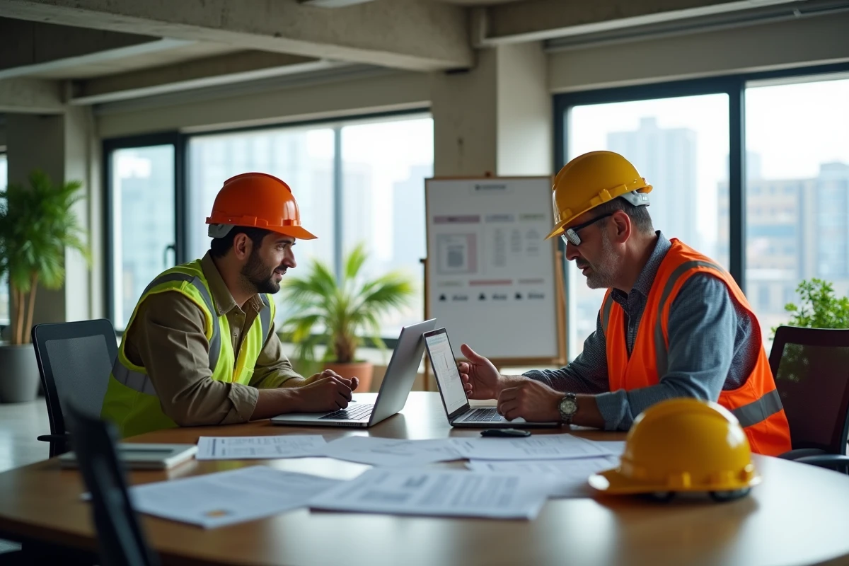 Deux professionnels du BTP collaborant sur une plateforme de gestion administrative de chantier dans un bureau moderne
