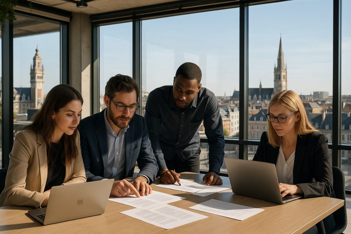 Groupe de professionnels collaborant dans un bureau lumineux à Lille
