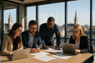 Groupe de professionnels collaborant dans un bureau lumineux à Lille