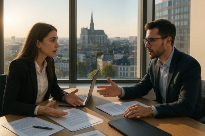 Photo hyperrealiste de deux professionnels à Amiens en discussion