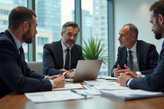 Groupe de professionnels québécois en réunion de négociation