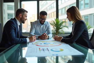 Trois professionnels en réunion dans un bureau lumineux