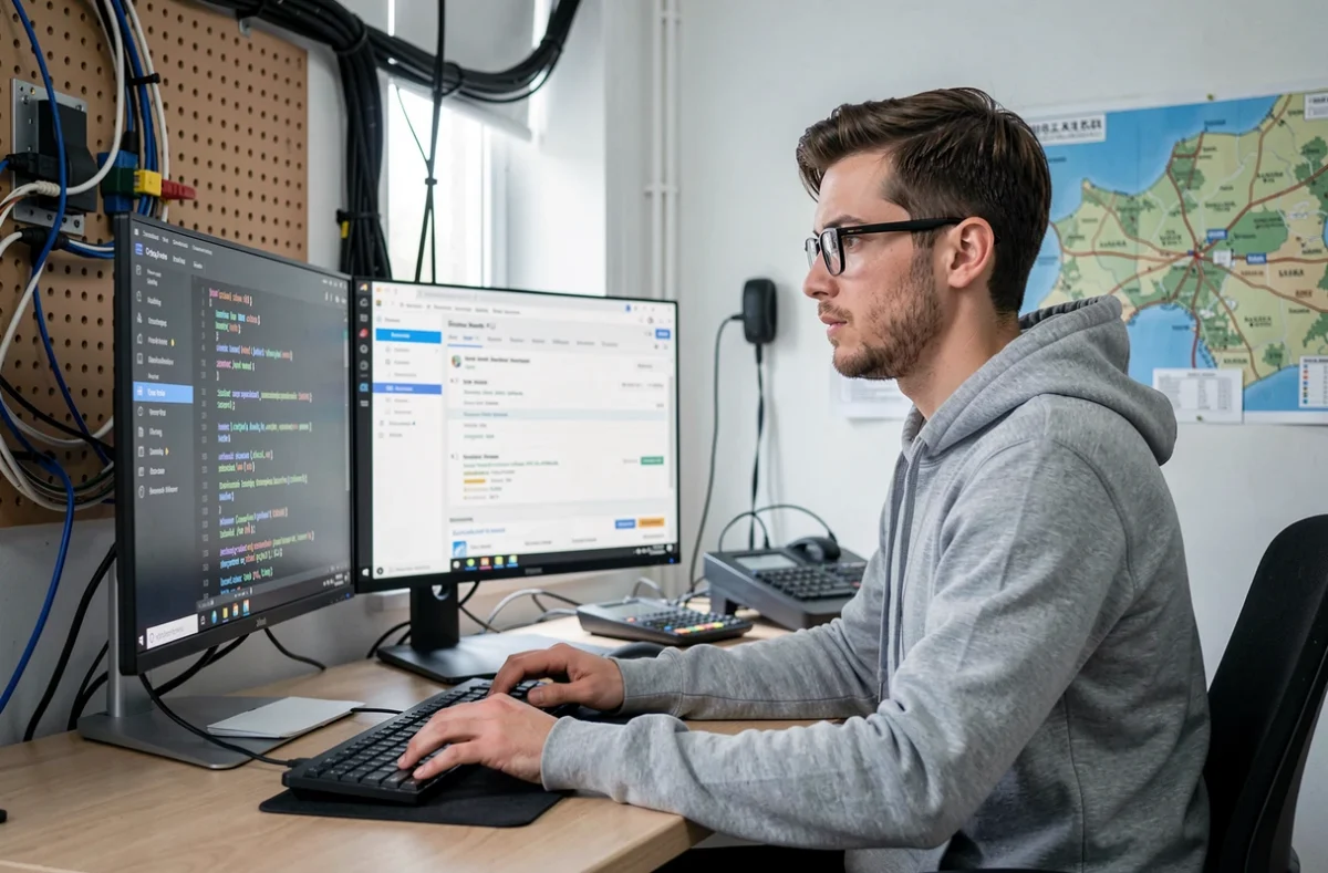 Développeur de Programmer Solutions analysant un audit technique SEO sur plusieurs écrans de code