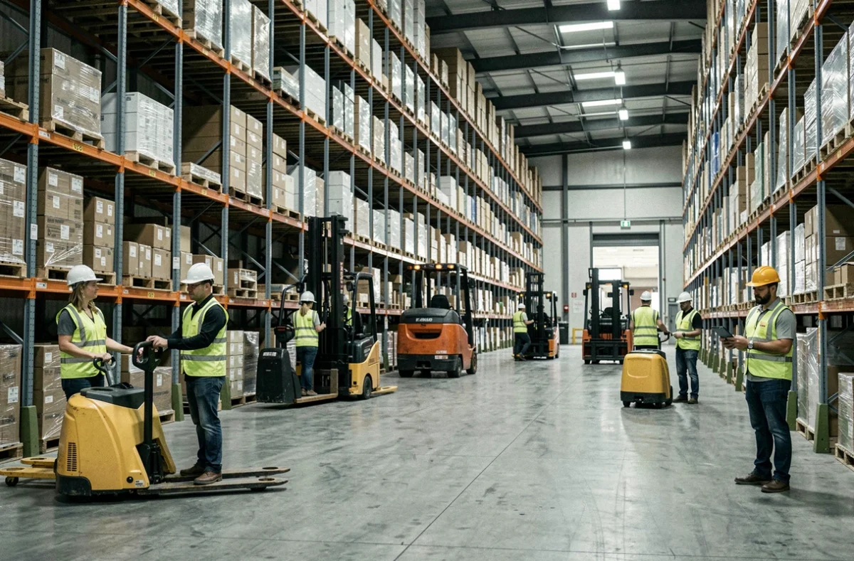Entrepôt logistique à grande échelle avec des intérimaires au travail, illustrant PROMAN et l'intérim logistique de grande envergure