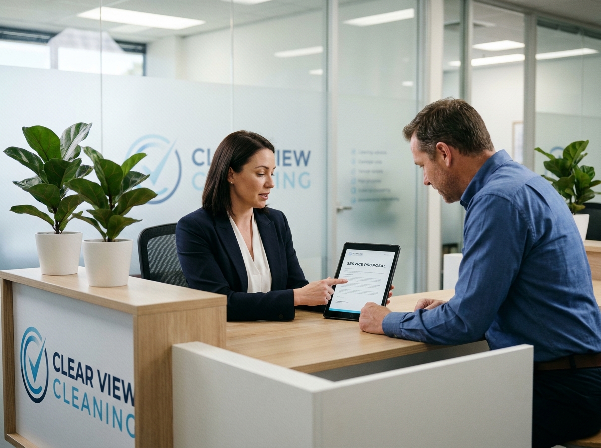 Propriétaire d'une entreprise de nettoyage présentant une proposition commerciale sur tablette à un responsable d'installations dans un espace de réception professionnel