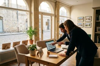 Deux professionnels discutent de prospection dans une agence immobilière
