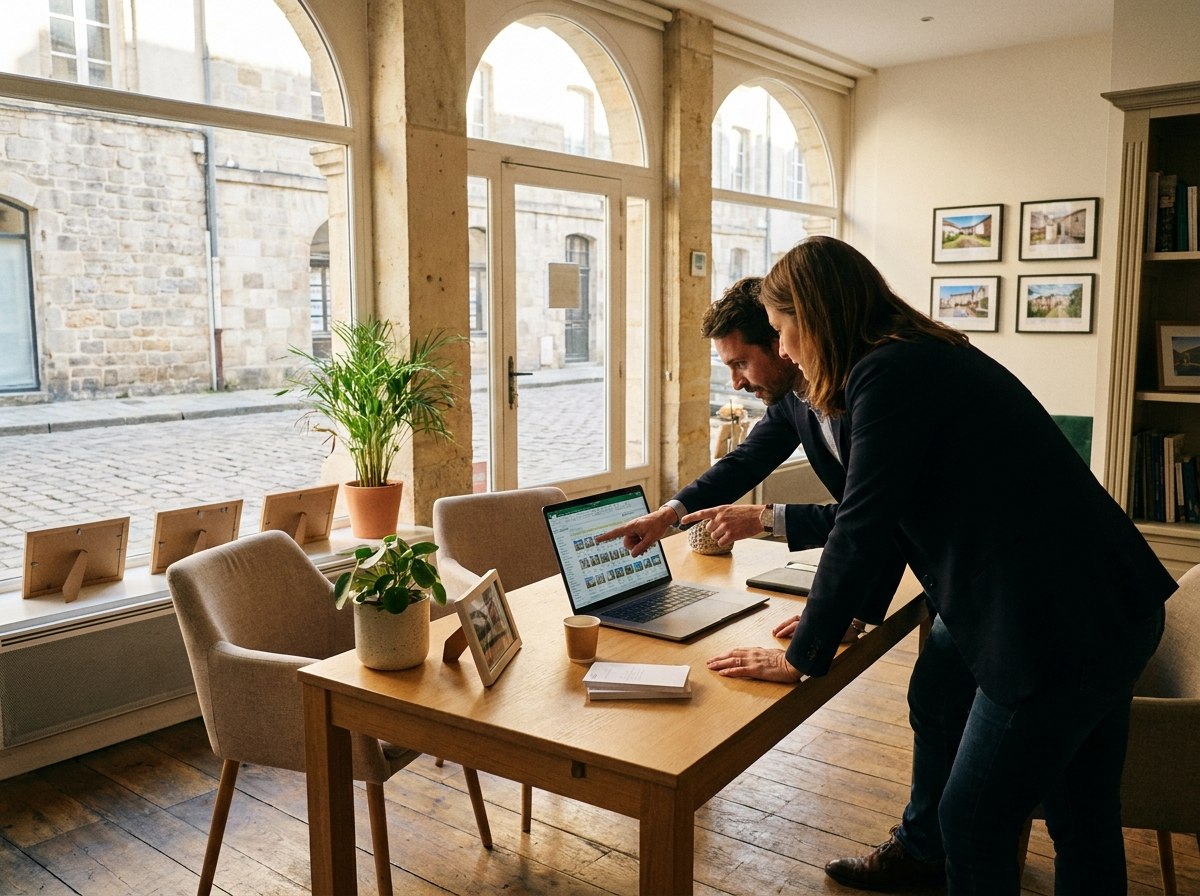 Deux professionnels discutent de prospection dans une agence immobilière