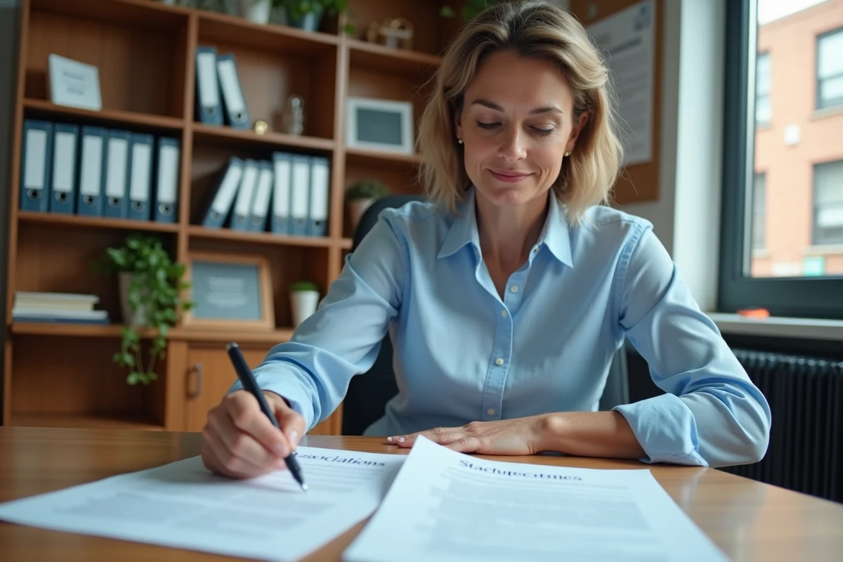 Responsable associative relisant les statuts de son association avant d'embaucher un premier salarié