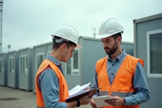 Responsable de chantier tenant une carte de visite Loxam devant des modules préfabriqués sur un site de construction