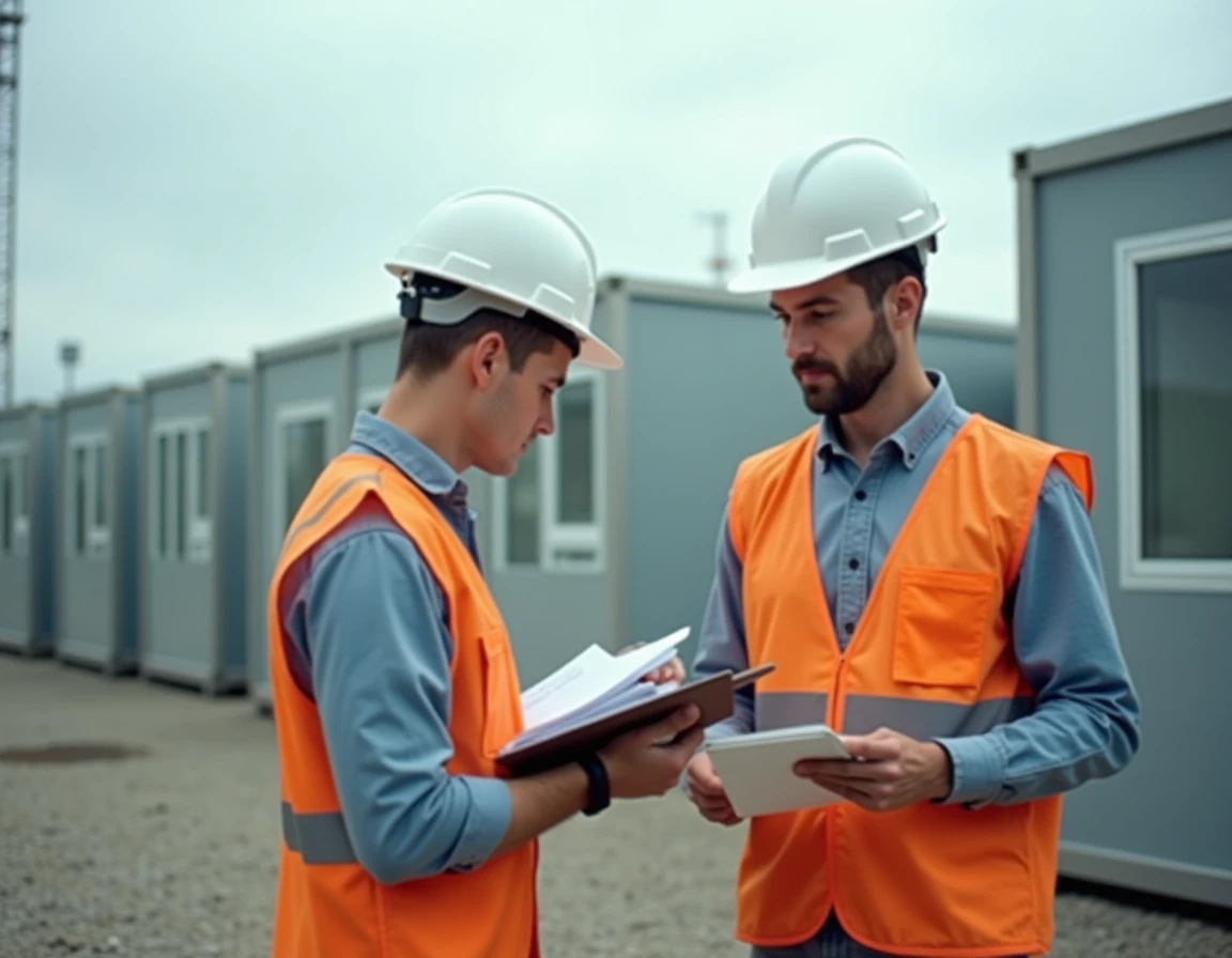 Responsable de chantier tenant une carte de visite Loxam devant des modules préfabriqués sur un site de construction