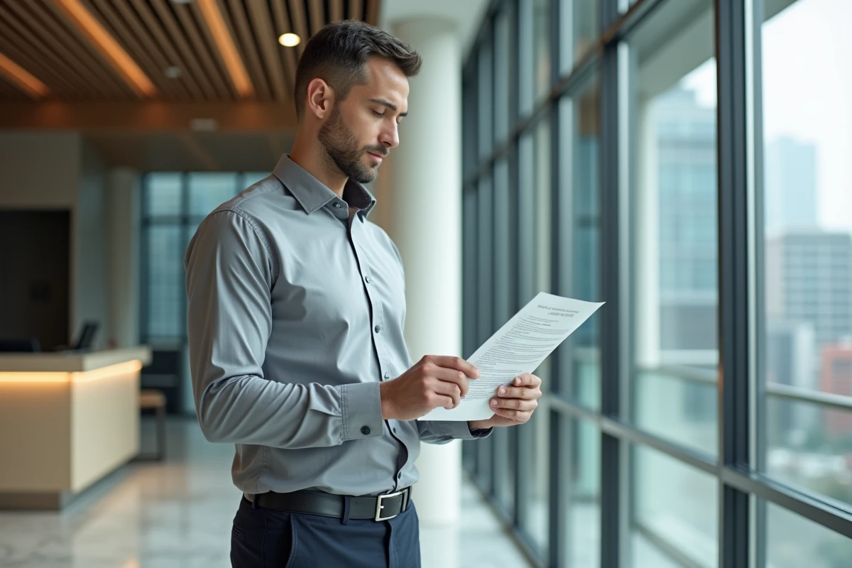 Responsable conformité examinant un contrat dans le hall d'une agence de staffing professionnelle