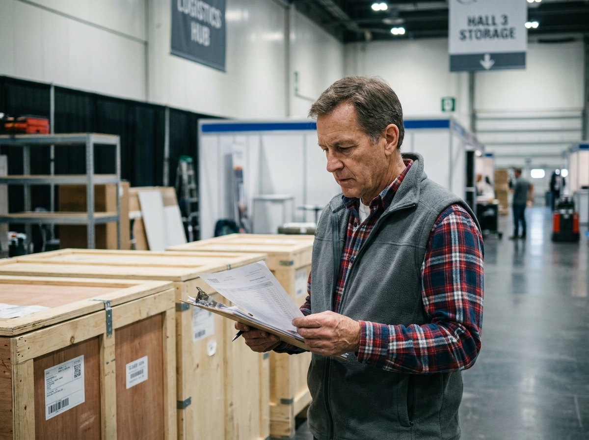 Responsable logistique inspectant des étiquettes de colis dans la zone de stockage temporaire d'un salon professionnel