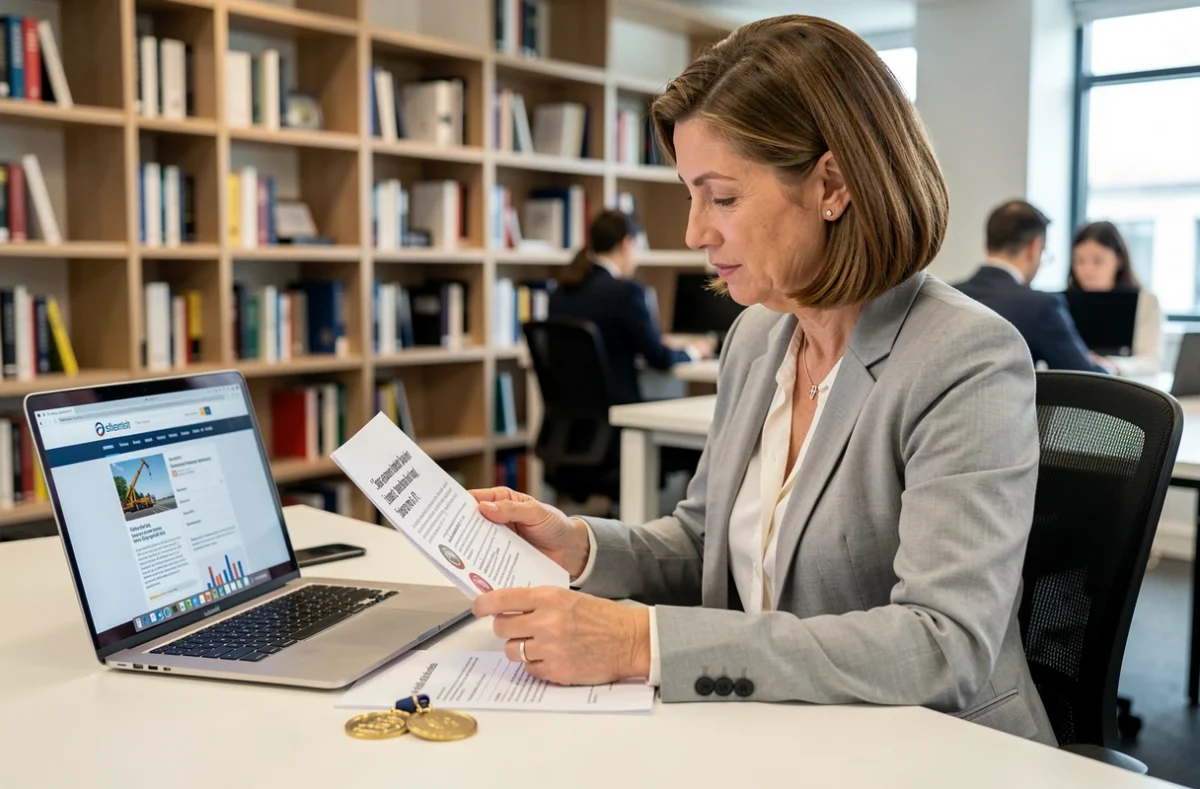 Responsable RH en bureau moderne comparant les prix de médailles du Travail personnalisées avec devis imprimé et médaille sur le bureau