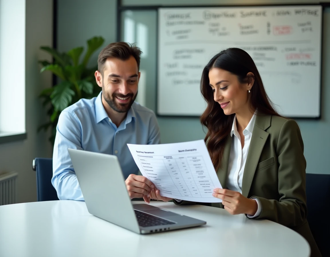 Deux collaborateurs de PME en réunion comparant les options de logiciels de gestion de stock gratuits et payants