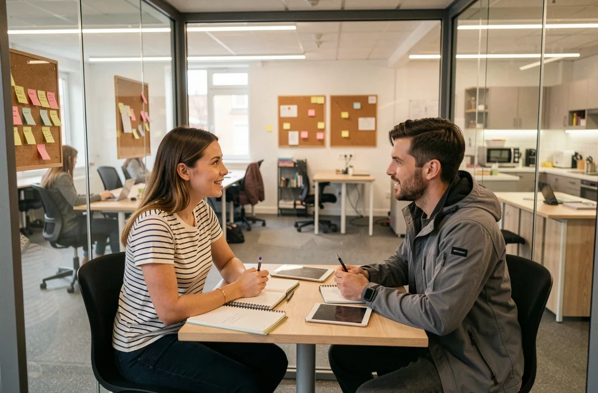 Deux professionnels en réunion collaborative dans une salle vitrée d'un espace de coworking dans les Yvelines