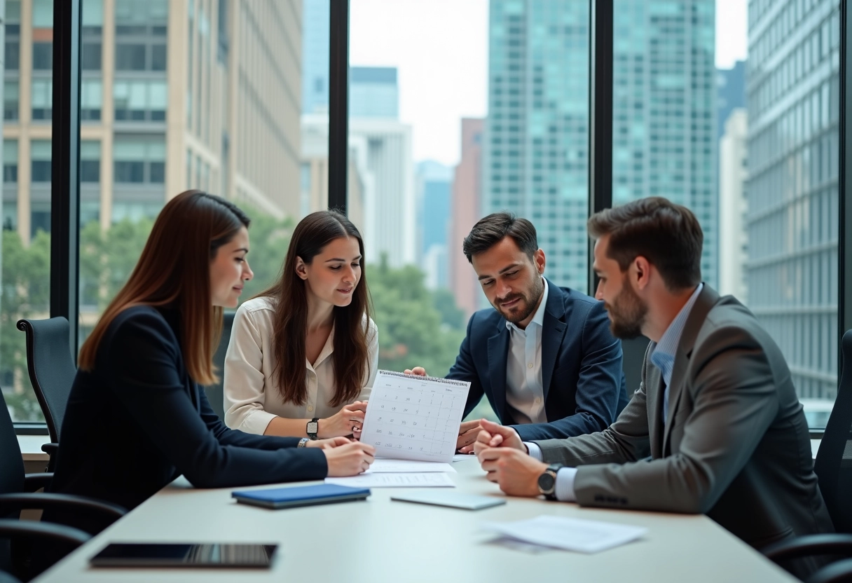 Groupe de collègues en réunion dans un bureau urbain