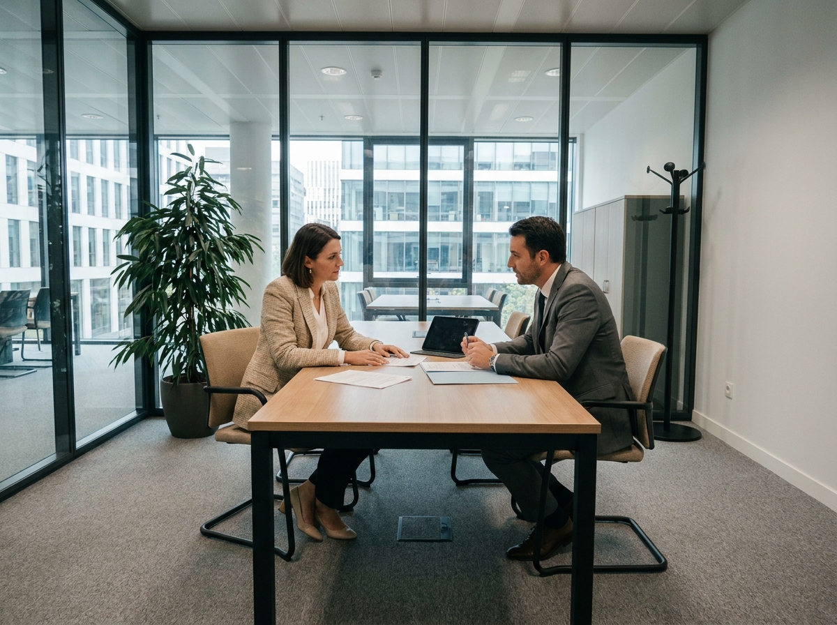 Femme consultant en discussion avec un conseiller financier avant le lancement de son activité à Lyon