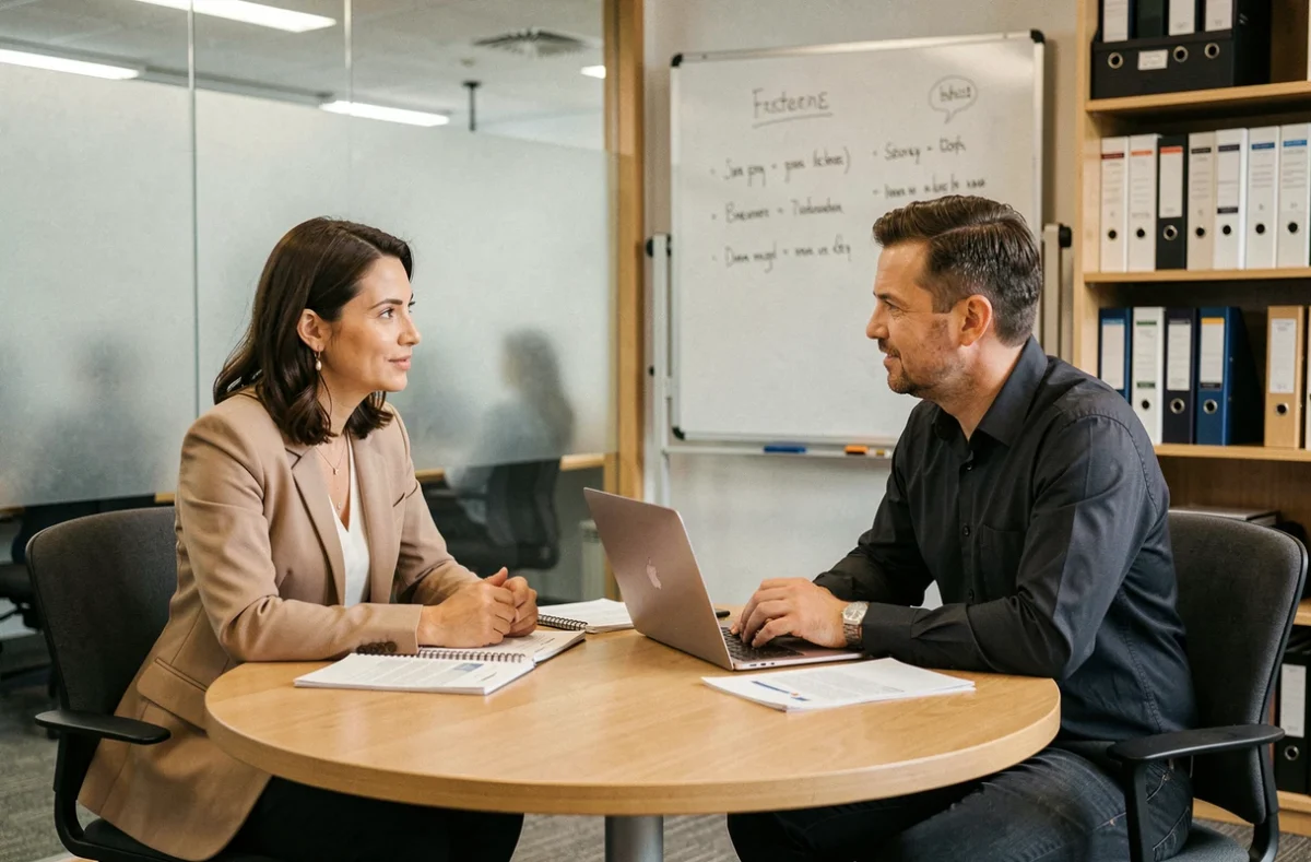 Réunion entre un consultant en portage salarial et un client pour décrocher une mission professionnelle