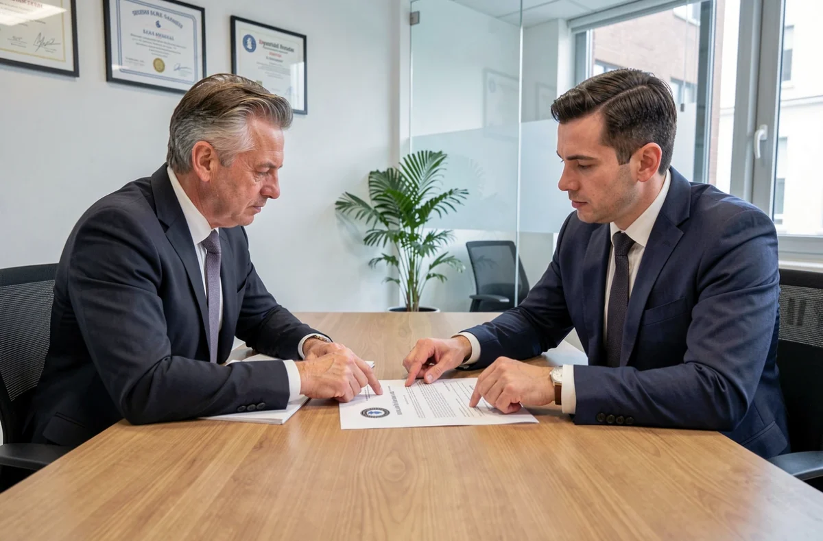 Deux professionnels en réunion discutant d'un contrat affichant le logo officiel des notaires