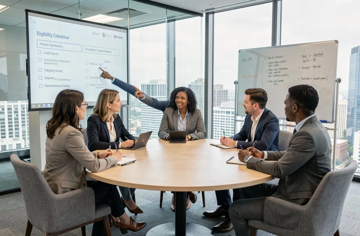 Une équipe de professionnels discute des critères d'éligibilité au portage salarial lors d'une réunion en salle de conférence