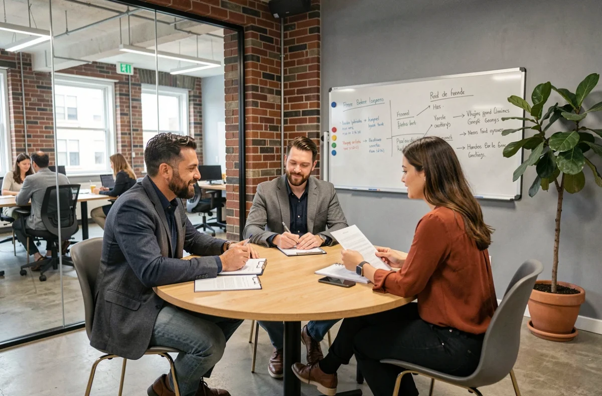 Groupe de professionnels en réunion dans une salle de coworking vitrée à Vanves, autour d'une table ronde avec des documents