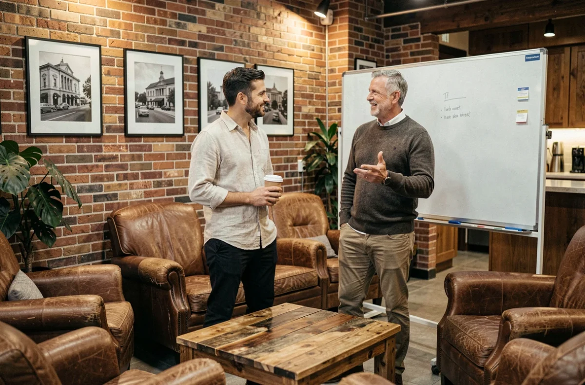 Deux professionnels en discussion informelle dans un salon de coworking aménagé dans un ancien casino avec décor industriel et vintage