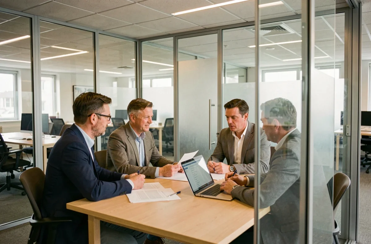 Réunion professionnelle dans une salle de réunion démontable vitrée au sein d'un bureau moderne à Lille