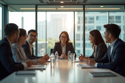Groupe de professionnels en réunion dans un bureau lumineux