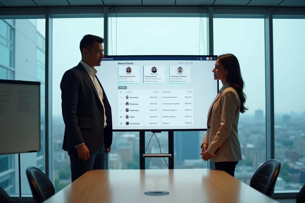 Deux professionnels en réunion analysant des offres d'emploi B2B sur un tableau de bord numérique dans une salle de réunion en verre
