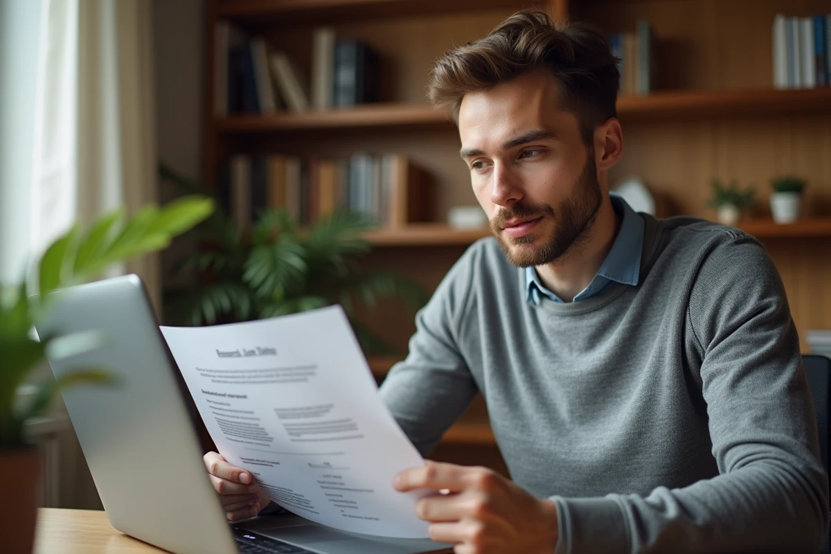 Jeune professionnel relisant sa lettre de démission chez lui tout en vérifiant ses droits salariés en ligne