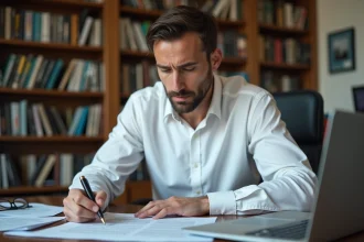 Homme consultant des documents financiers suspects sur un bureau, illustrant les risques liés à ZOZIMALLETOM LTD